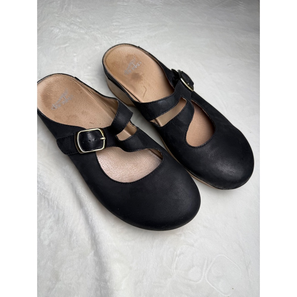 Dansko Black Leather Mary Jane Mules Clogs Buckle Strap Platform Heel 41